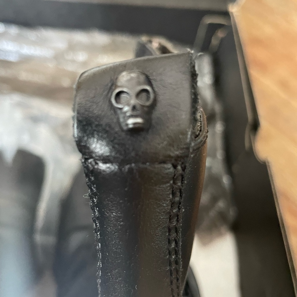 MARK NASON Black Leather Biker Ankle Boots Embossed Cross Studded Skulls 8 NEW! - Picture 12 of 16